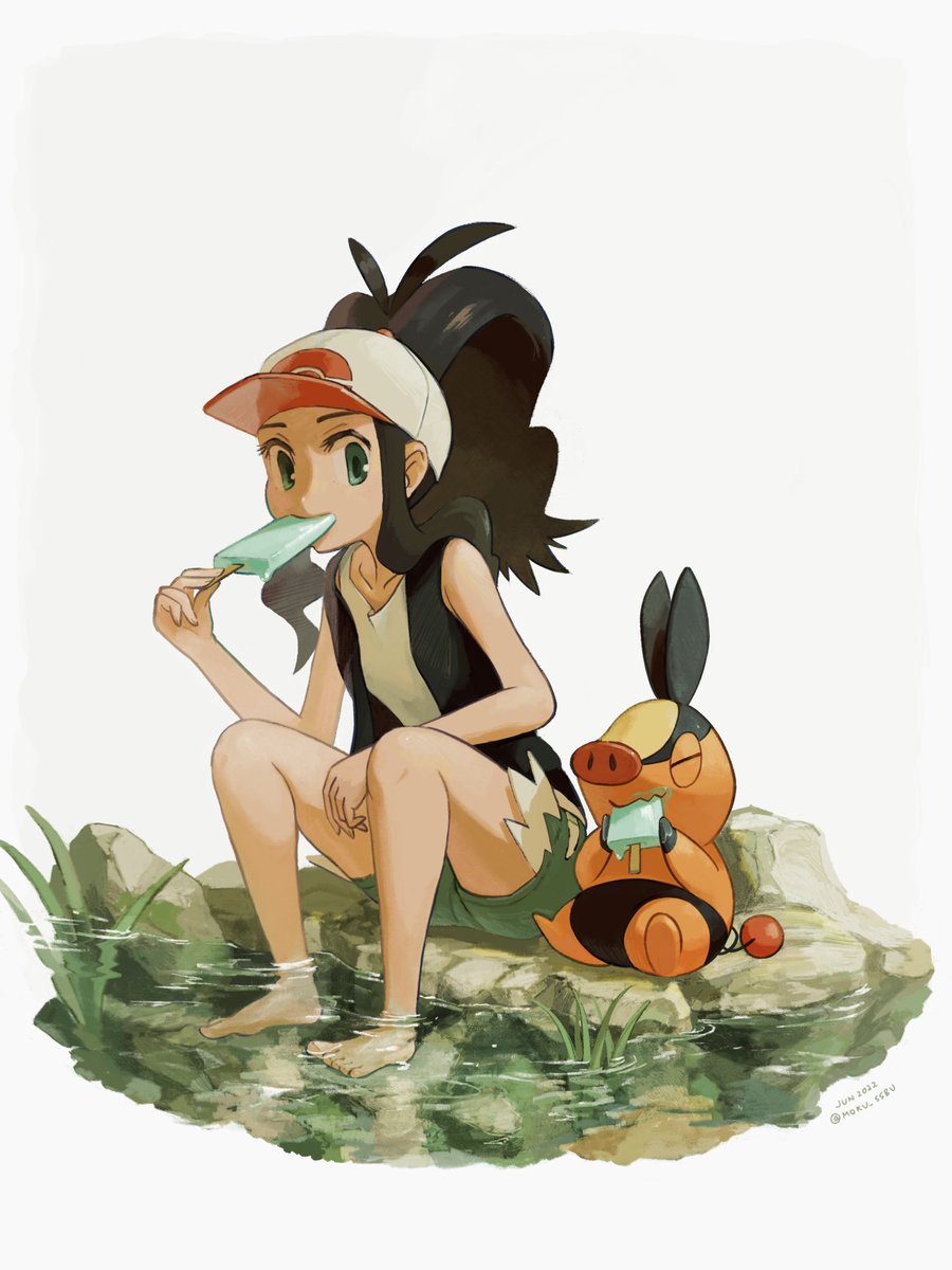 hilda (pokemon) ,tepig 1girl food pokemon (creature) shorts hat sitting baseball cap  illustration images