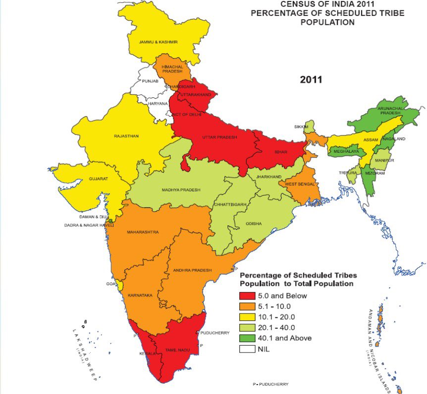 INDIA TRIBAL POPULATION: 8.6%
-MIZORAM: 94.4%
-NAGALAND: 86.5%
-MEGHALAYA: 86.1%
-ARUNACHAL: 68.8%
-MANIPUR: 35.1%
-SIKKIM: 33.8%
-TRIPURA: 31.8%
-CHHATTISGARH: 30.6%
-JHARKHAND: 26.2%
-ODISHA: 22.8%
-MP: 21.1%
-GUJARAT: 14.8%
-RAJASTHAN: 13.5%
-J&amp;K: 11.9%