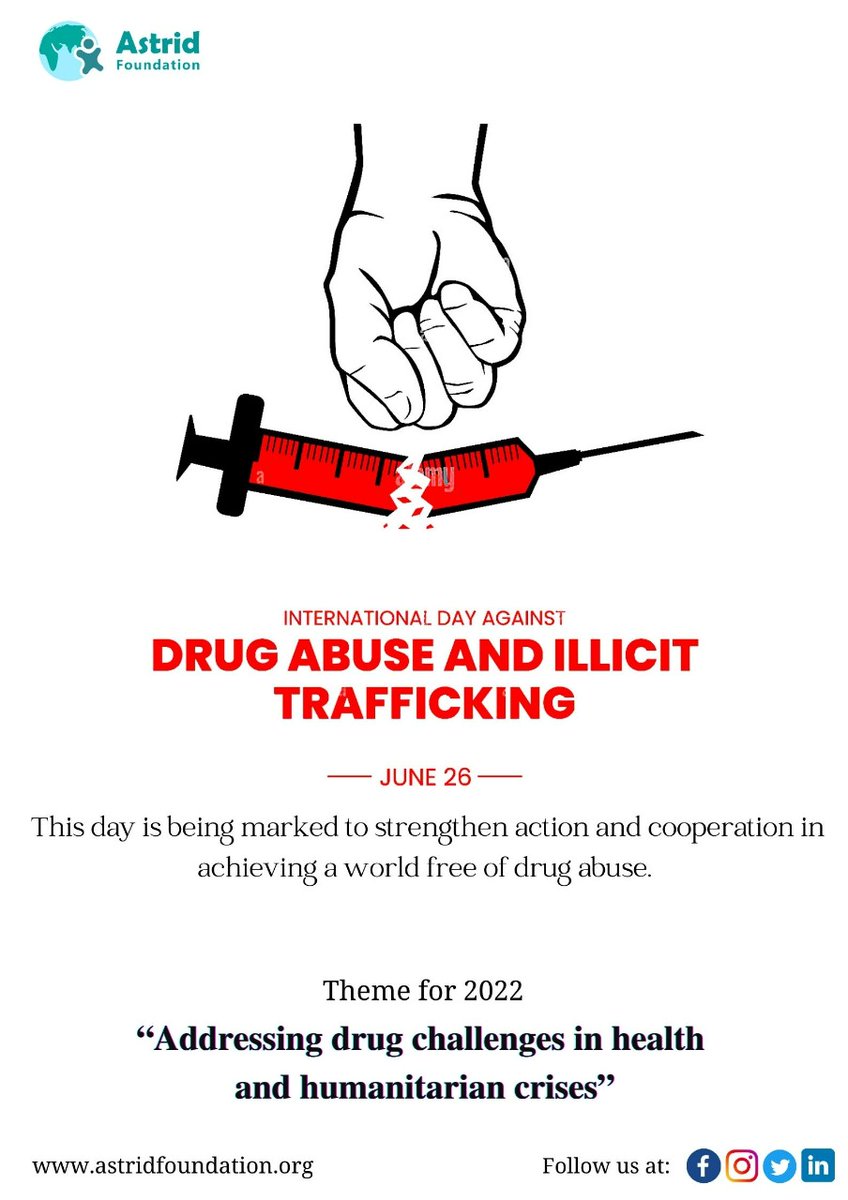 AstridF_twit's tweet photo. International Day Against Drug Abuse and Trafficking is observed on 26 June to strengthen global action and cooperation to achieve the goal of an international society free of drug abuse.

#InternationalDayAgainstDrugAbuse  #SayNoToDrugs #DrugAbuse #fightdrugabuse #ChooseLife https://t.co/0ZbYfQcVMH