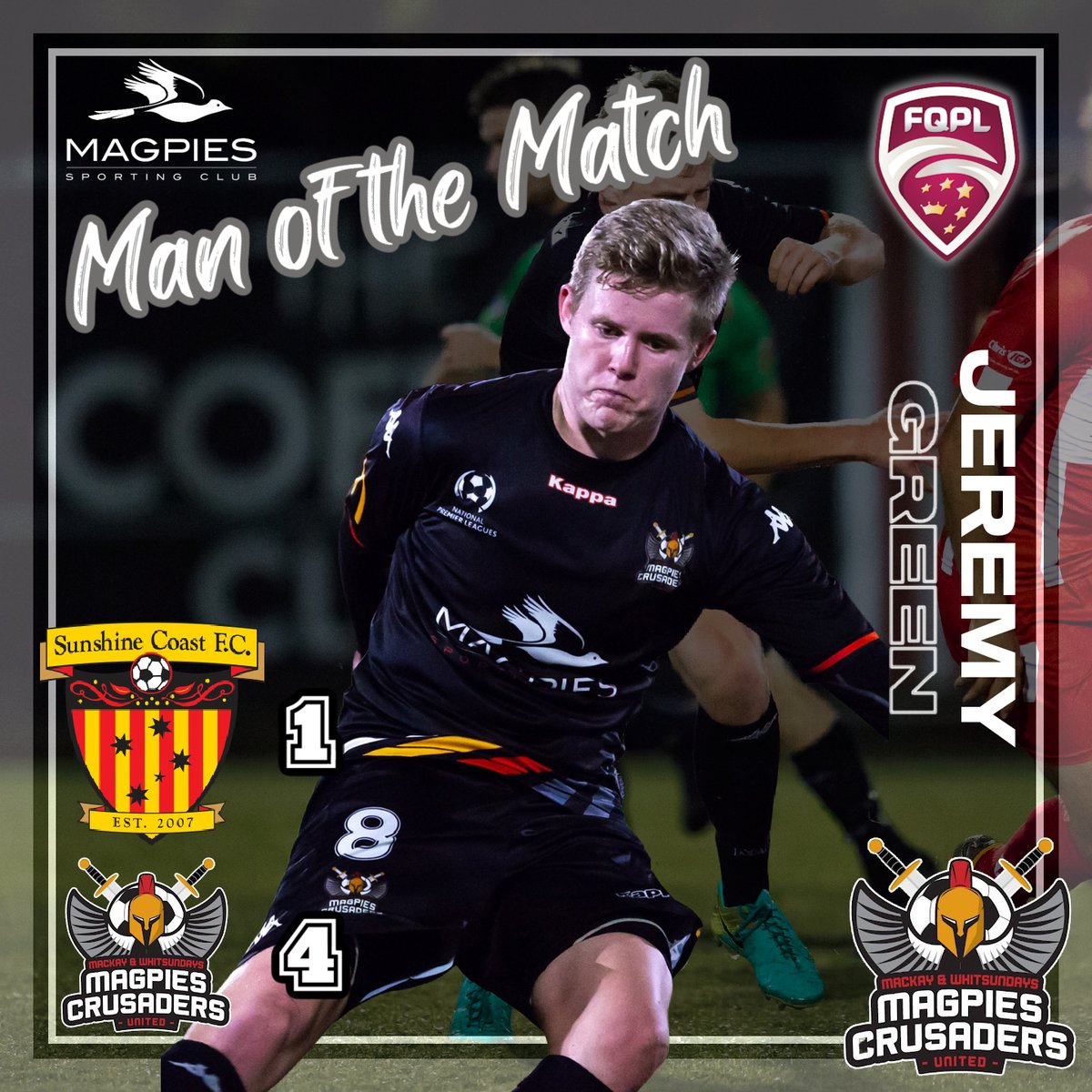 Our Magpies Crusaders United QPL1 Man of the Match for the game between MCU and Sunshine Coast Fire FC is our new recruit and inaugural player, Jeremy Green.