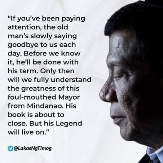 JanKayseventeen's tweet image. Never been sad about the ending of  term of a Philippine President. But I'll be forever grateful for all that you have done for our beloved country.
Mahal ka namin Tatay Digong.

#SalamatPRRD
DUTERTE LEGACY