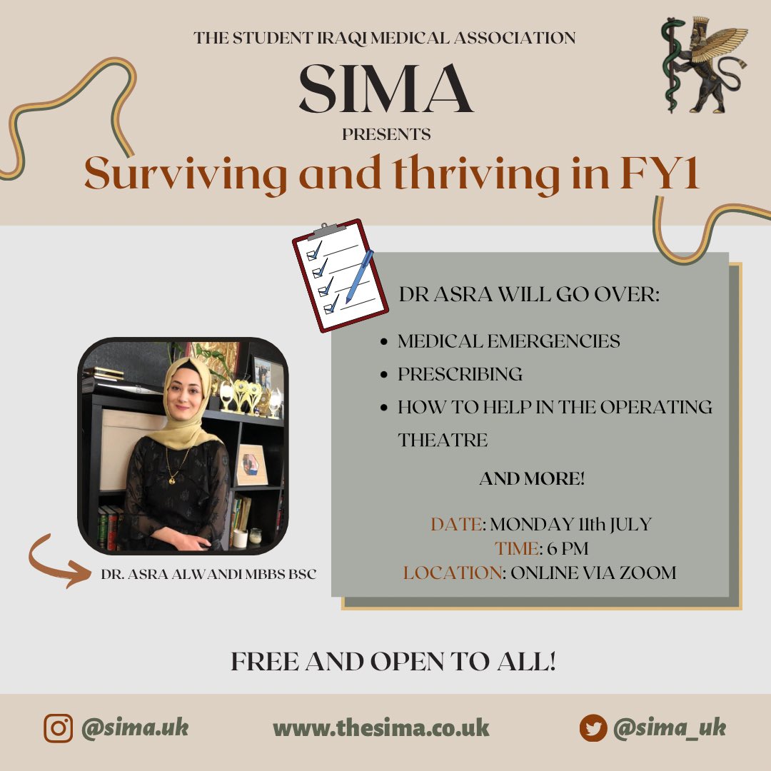 ❗️Are you an incoming FY1? ❗️

Join us for this FREE webinar where Dr Asra Alwandi will go through her top tips and advice on how to thrive and make the most out of FY1. 🤩

Sign up to receive the zoom link: thesima.co.uk/event-details/…

*FREE AND OPEN TO ALL* 

#medtwitter #FY1