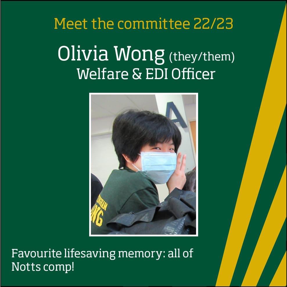 Next we have Olivia, EDI and Welfare officer! 

Olivia always brings a smile to training and they're a wonderful teammate and friend!
💚💛💚💛

#weareuon #greenandgold #lifesaving #committee #welfare 
<a href="/UoNSport/">University of Nottingham Sport</a> <a href="/BULSCA/">BULSCA</a>