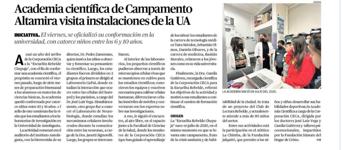 Academia Científica Rebelde debuta en sociedad, hoy en <a href="/mercurioafta/">El Mercurio de Antofagasta</a>
<a href="/escuelarebelde/">Escuelita Rebelde Chepuja</a> Chepuja
Club de <a href="/lecturarebelde/">Club de Lectura Rebelde ⚡️</a> 

#Antofagasta