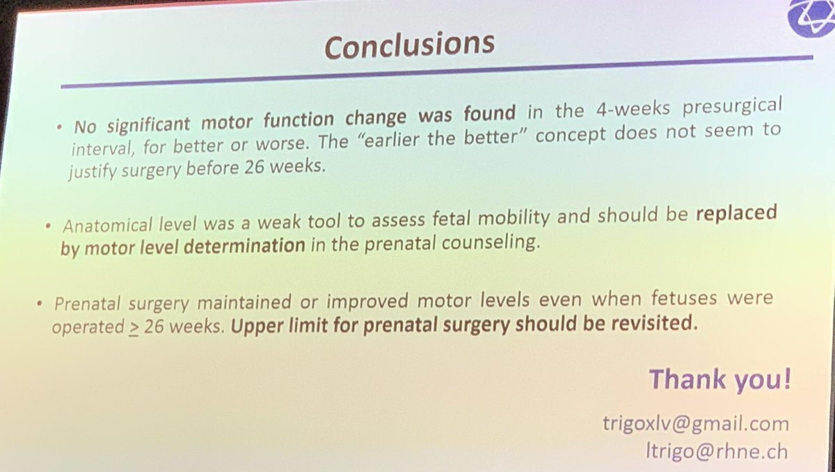 ramen_chmait's tweet photo. In a cohort of fetuses from São Paulo and Los Angeles, delay of prenatal repair of open spina bifida beyond 26 weeks’ gestation did not hamper motor function. Nice presentation @lucastrigo. Enjoyed my collaboration with @LapaDenise https://t.co/YVpQUMPMso