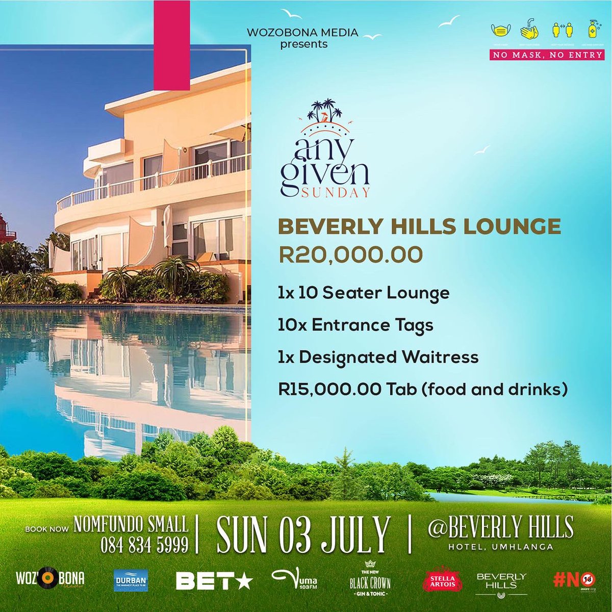 WozobonaMedia's tweet photo. Take your #AnyGivenSundayDBN experience to the next level 🔝 Book your group table now ☎️ 084 834 5999

The party takes off at 1pm on 3rd of July 2022 📍 Bervely Hills Hotel https://t.co/v4LOnMg2Ek