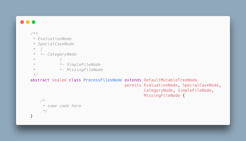 Raumzeitfalle's tweet image. I was pretty skeptical about the benefit of sealed classes in @Java #Java17. But I have to admit, there are cases, where #SealedClasses may help to improve understandability of code structure. One case for me is building clean tree models, either in #JavaFX or in #Swing.