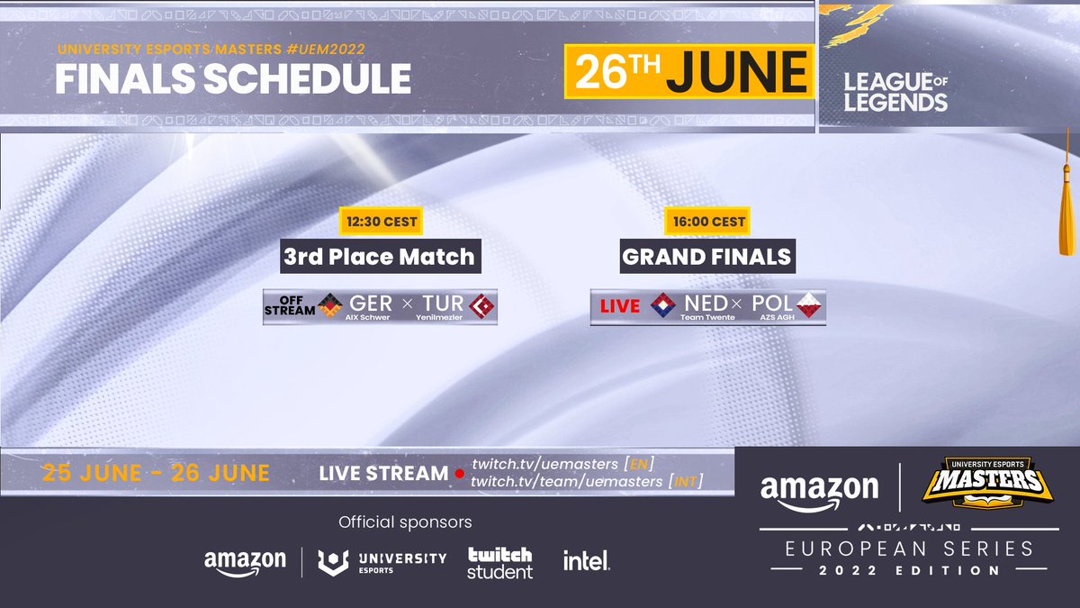THE GRAND FINALS ARE HERE 🙌

After making their first-ever UEM finals, can <a href="/EsportsTwente/">Esports Team Twente</a> make their efforts count today? 🤔

AZS AGH are on top form fighting through LCQ and knocking out the reigning 2x champions in the process 👀

📺 Twitch.tv/uemasters
⏰ 4pm CEST