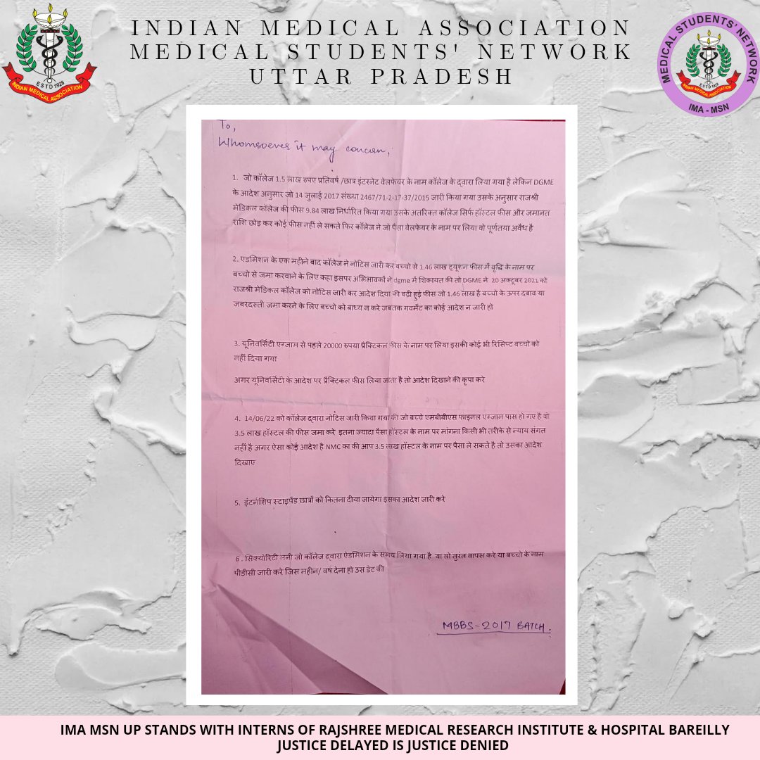This was being brought to your notice that the Interns of M.B,B.S batch 17-18 of RMRI Bareilly are facing a lot of professional and mental torture from college management. 
<a href="/HqsMsn/">IMA-MSN (HQs) Official</a> <a href="/imajdnnational/">IMA JDN National</a> <a href="/Dr_AkashVerma/">Dr.AKASH VERMA</a> <a href="/AbhiJha444/">Dr.Abhishek Jha</a>