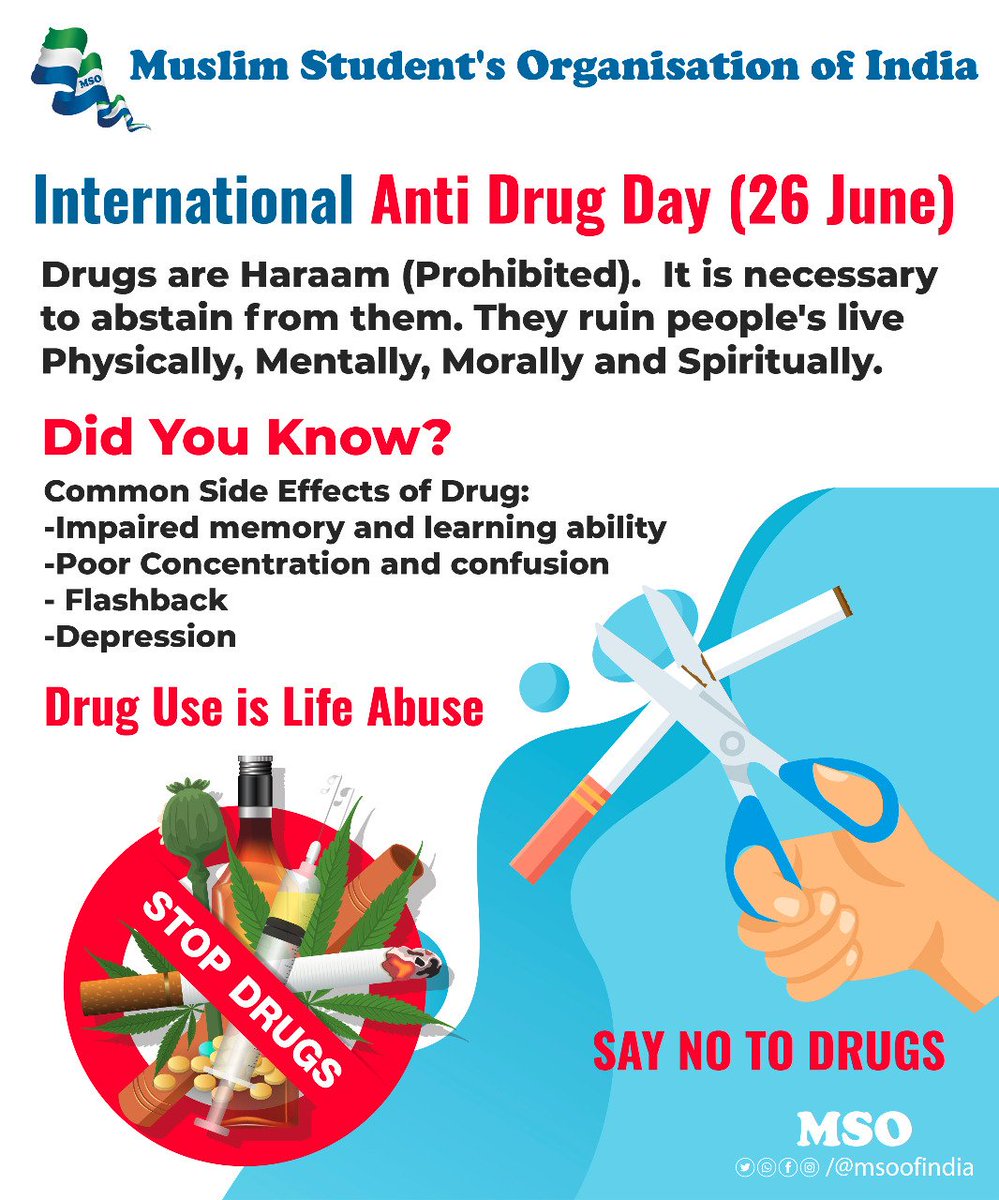 msoofindia's tweet photo. Drugs are Prohibited, it is necessary to abstain from them. They ruin people's live physically, mentally, morally and spirituality.
#AntiDrugDay #MSO https://t.co/TS77r5jPPX