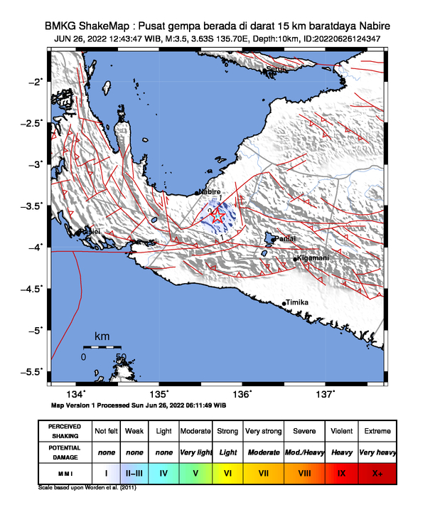 #Gempa Mag:3.5, 26-Jun-22 12:43:47 WIB, Lok:3.63 LS, 135.70 BT (Pusat gempa berada di darat 15 km baratdaya Nabire), Kedlmn:10 Km Dirasakan (MMI) II Nabire #BMKG
