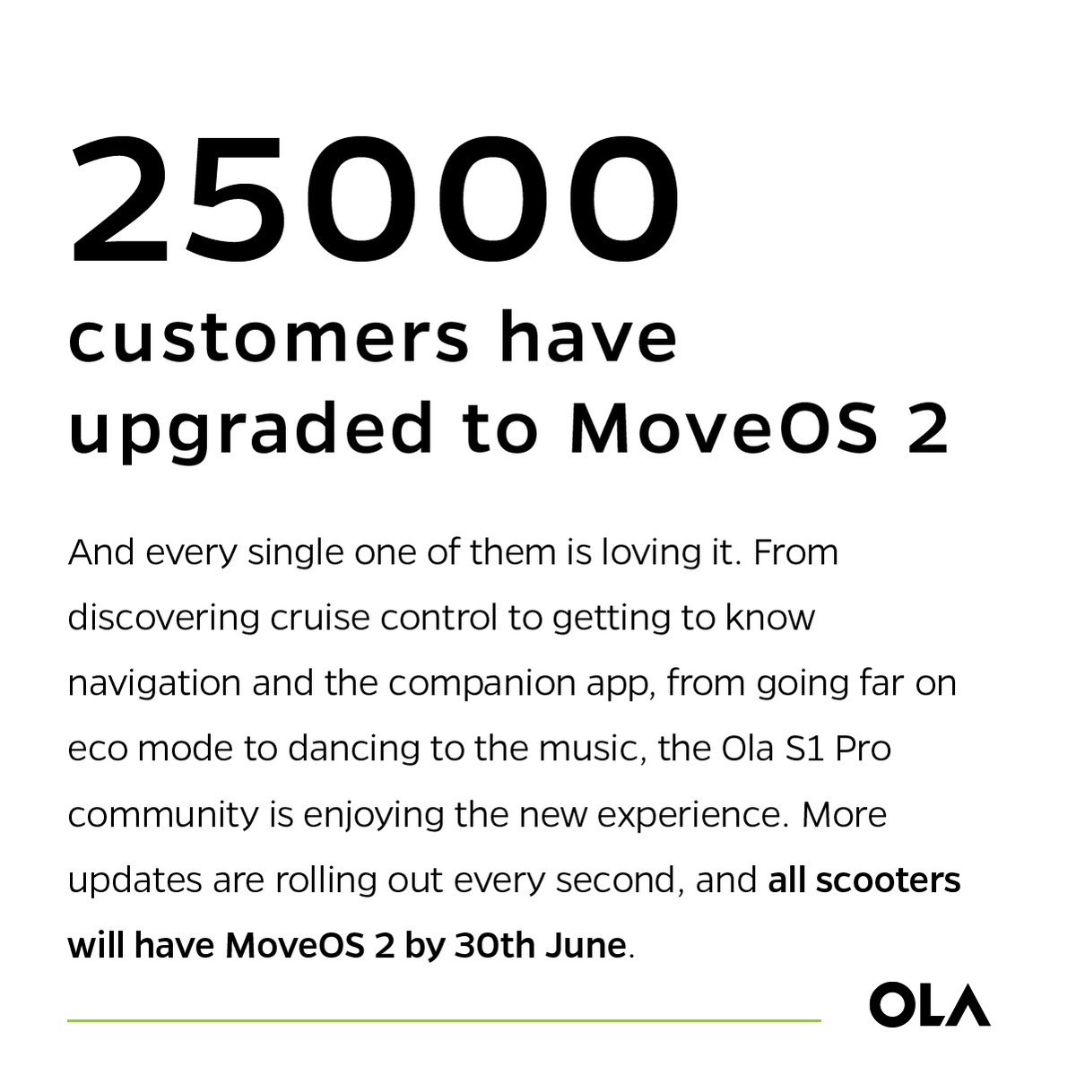 OlaElectric's tweet photo. 25000 of our customers are enjoying the MoveOS 2 and all scooters will have the update by 30th June. https://t.co/XWZBYggWHw