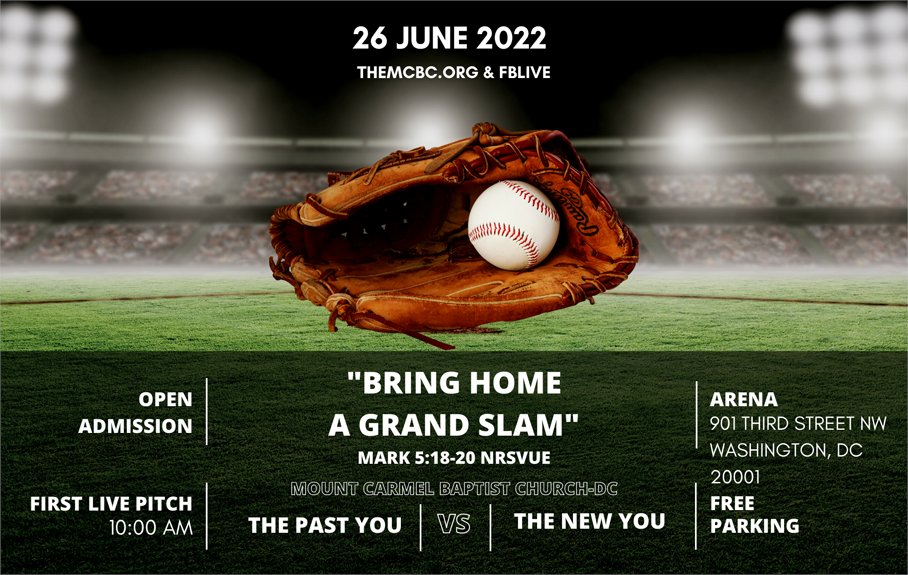 Worship with us in person or virtually this morning at 10AM ET! Rev. Dr. <a href="/ParisLeeSmithS1/">PLSmithSr</a> will deliver the message, “Bring Home A Grand Slam” from Mark 5:18-20. Watch LIVE on FB @MountCarmelDC, themcbc.org, or YouTube.