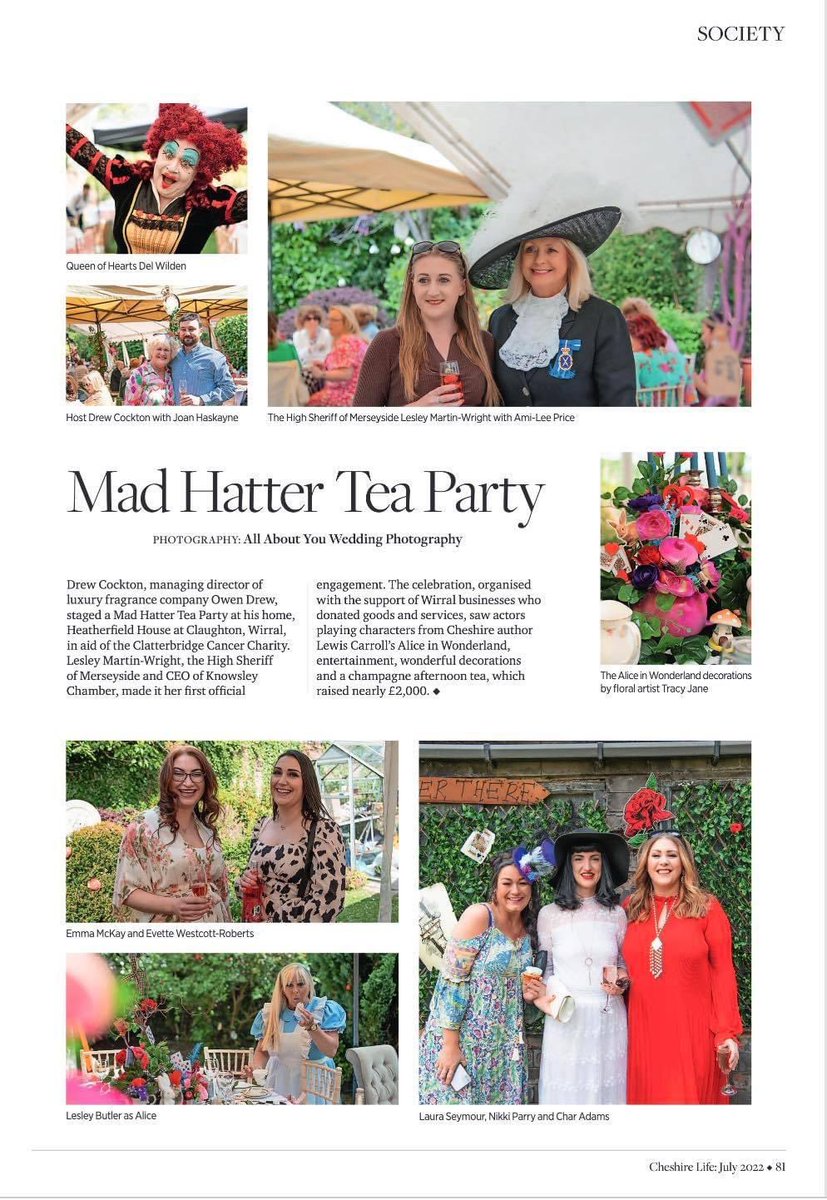BeWellLearning's tweet photo. Lovely write up by @cheshirelife in July’s issue about @Heatherfield__ Mad Hatter Tea Party in aid of @ClatterbridgeCC 

Well done to everyone involved. It was a magical day raising vital funds. https://t.co/NbonZILZqi