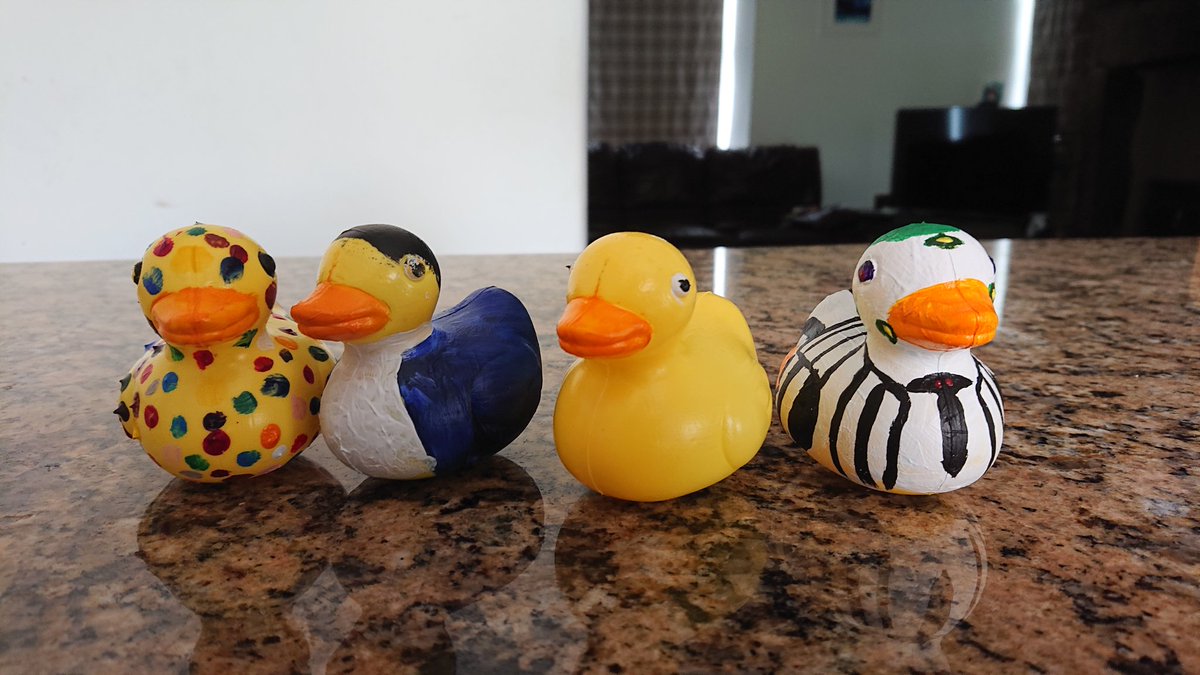 willrj81's tweet photo. Introducing from the left polkaduck, 'Bill' Shakespeare, dad's duck (I know big effort at least I painted its bill and eyes) and lastly my favourite beaklejuice  #waddyduckrace #waterproofpaint https://t.co/J0hJYSCk9C