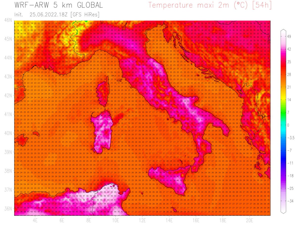 Coup de chaud entre #Tunisie et #Italie entre ce dimanche et demain lundi avec jusqu'à 47°C en Tunisie et nord-est Algérie et 43 voire 44°C isolément possibles en #Italie selon ARW 5 km. 