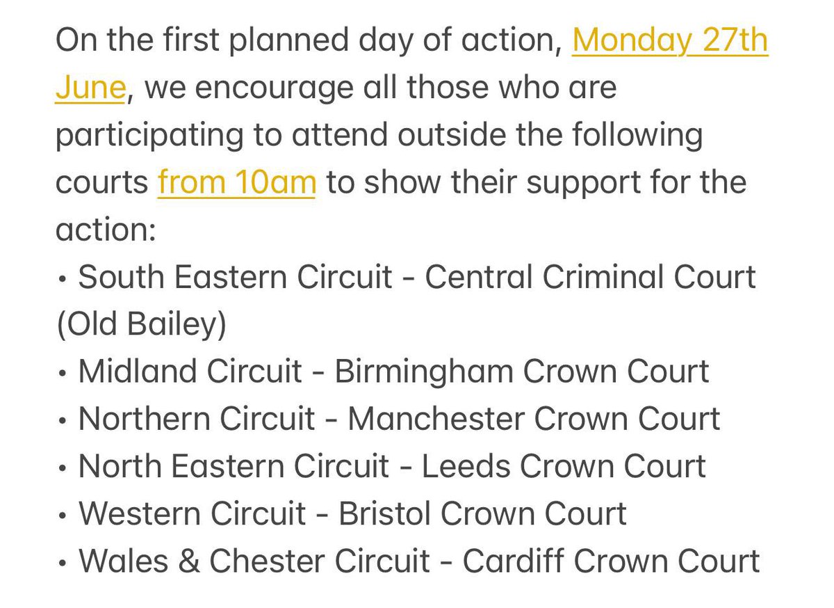 TheCriminalBar's tweet image. Monday 27 June 

#Action4Justice gatherings 

Assemble from 830am onwards
speeches from 10am outside:

Central Criminal Court (Old Bailey)

Birmingham Crown Court

Manchester Crown Court

Leeds Crown Court

Bristol Crown Court

Cardiff Crown Court

@TheCriminalBar #1Bar bar none