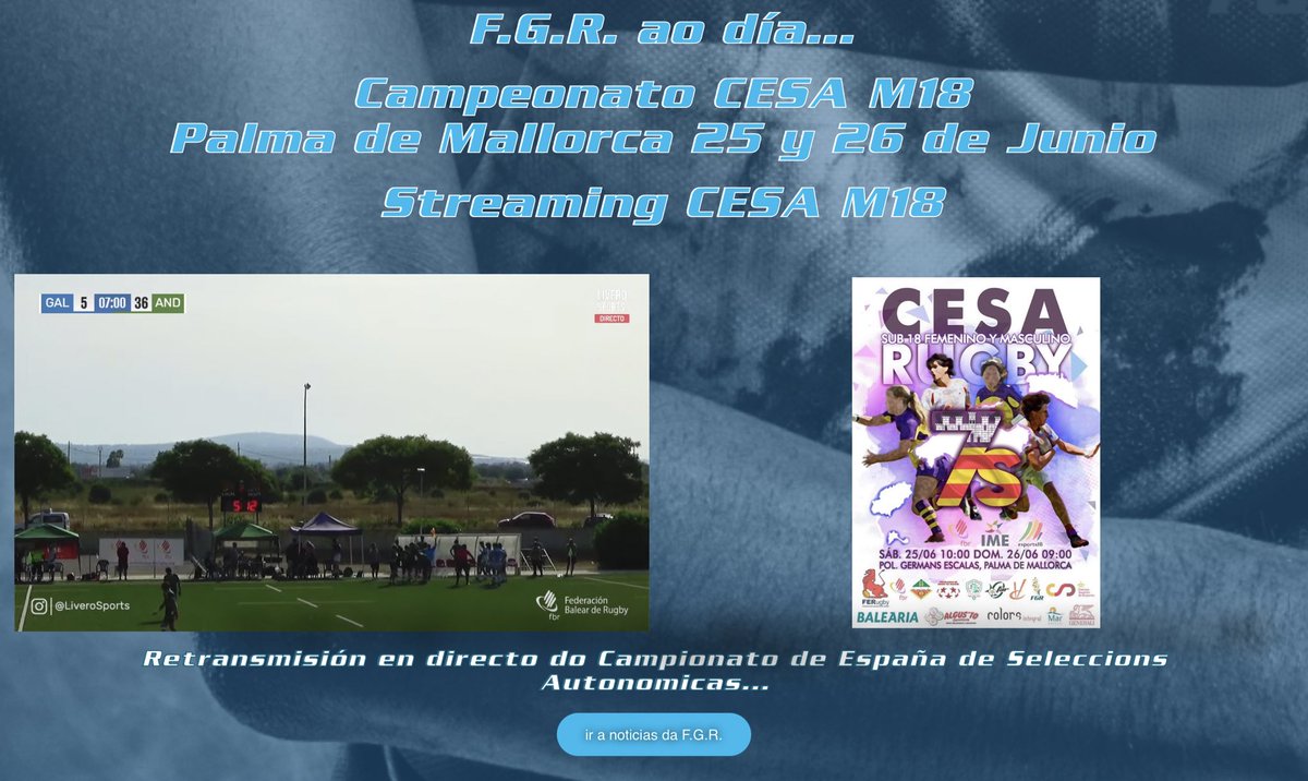 RugbyGalicia's tweet photo. 👉 Comenzou a xornada de Domingo no #CESA7s #M18 en 📍 Palma de Mallorca 
 
🏉 Derrota vs @FARUGBY 10- 36 en #Masculino 

🔴 En xogo o encontro en #Feminino vs @RugbyMadrid 

📺 Podes ver o #Streaming na nosa web https://t.co/KfCX8jxd6L

#RugbyGalego https://t.co/xXmMjrr135