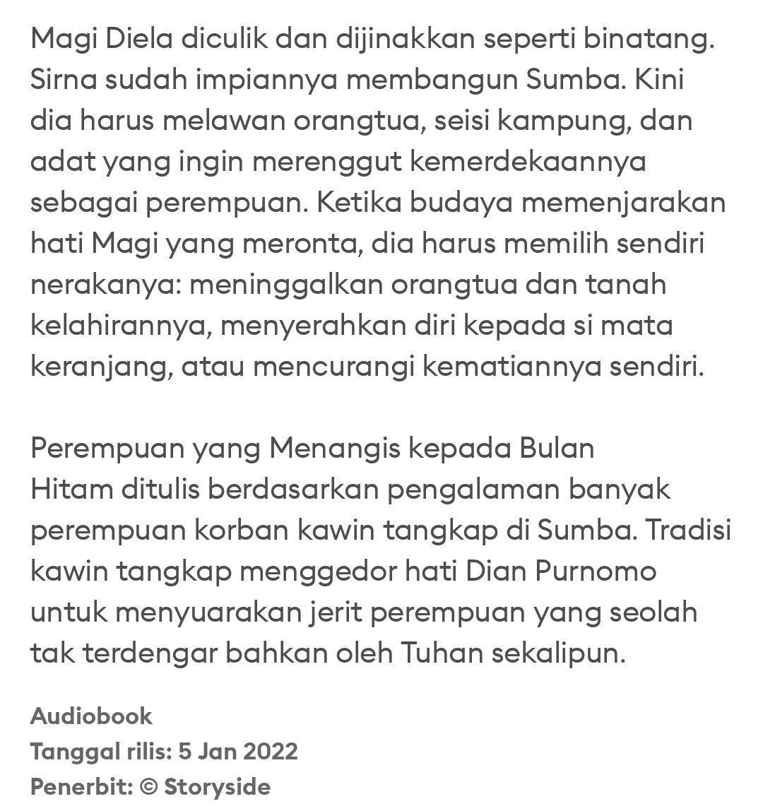 Akhirnya sampai juga di bukunya penulis baik, mbak <a href="/dianpurnomo/">Penulis Baik ✒️</a> 😁. Meskipun aku punya buku fisiknya, aku dengar lewat <a href="/StorytelID/">Storytel Indonesia</a> ya mbak. Aku penasaran banget di storytel ratingnya sempurna 👀