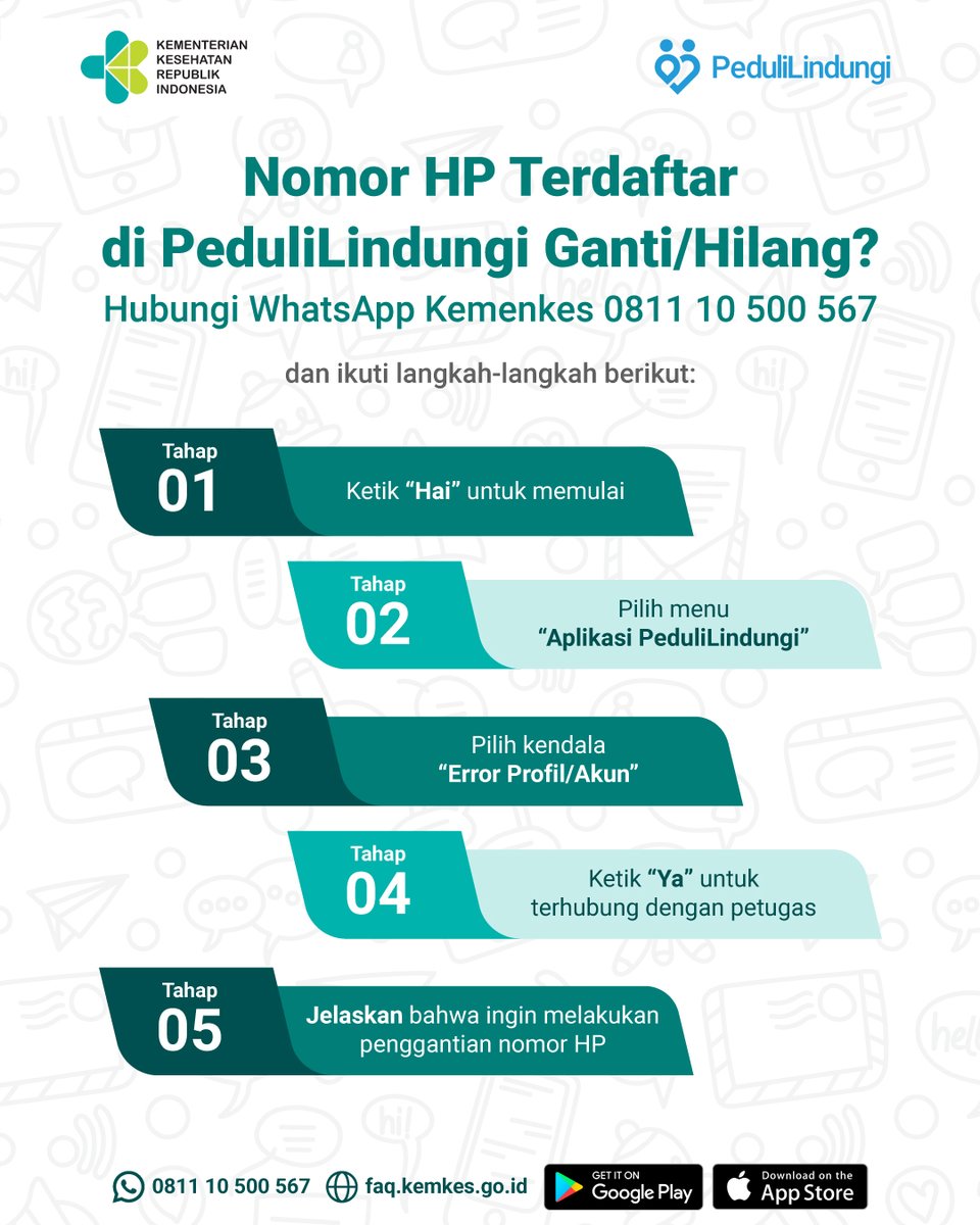 SATUSEHAT's tweet photo. Yuk disimpan dan dilike, kalau mau ubah nomor HP terdaftar di PeduliLindungi akibat hilang/ganti, begini caranya melalui WhatsApp @KemenkesRI 0811 10 500 567. https://t.co/c63vZZzcQz