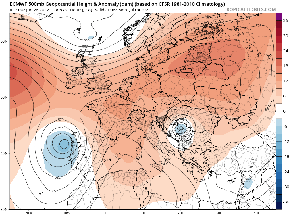 ExtremeMeteo's tweet photo. Le possible changement de régime vers le 4 juillet, prend largement du plomb dans l'aile depuis hier. Le décrochage de gouttes froides pourrait perdurer à partir de cette date entre Açores et Portugal ce qui soumettrait au moins le sud du pays à une possible pompe à chaleur. https://t.co/kSce6bZeky