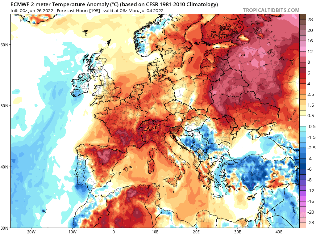Le possible changement de régime vers le 4 juillet, prend largement du plomb dans l'aile depuis hier. Le décrochage de gouttes froides pourrait perdurer à partir de cette date entre Açores et Portugal ce qui soumettrait au moins le sud du pays à une possible pompe à chaleur.