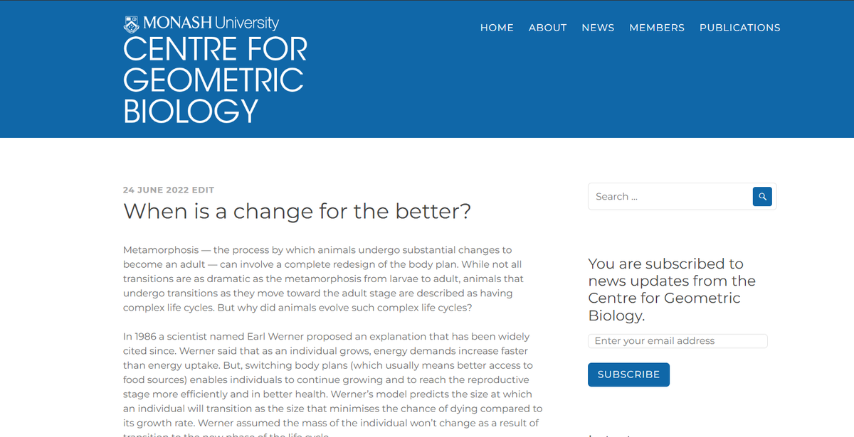 What is the optimal size for transition from one life history stage to another? Emily Richardson @Craig_R_White and @djm_MEEG examine existing data to ask if there is a cost/benefit to transition and how this affects optimal size to change cgb.org.au/2022/06/24/whe… <a href="/FunEcology/">Functional Ecology</a>