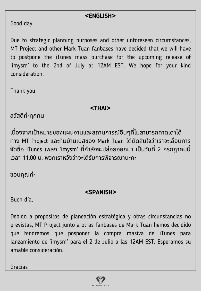 journeyofMT's tweet photo. [NOTICE]
'imysm' Global iTunes Mass Purchase Postponement

New schedule:
🗓️ July 2nd, 2022 (12AM EST)

Please start to purchase 'imysm' on iTunes on the 2nd day of the release. We hope for your understanding in this matter

#imsym #imysm_MarkTuan #MarkTuan @marktuan @dnaofficial https://t.co/43nUZk3nHP