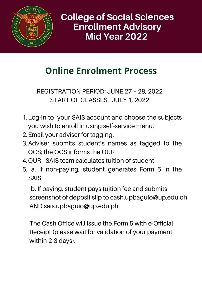 css_upbaguio's tweet photo. MIDYEAR ENROLMENT ADVISORY: Please see the following instructions to enrol during this term. 

ENROLMENT PERIOD: June 27 to 28
START OF CLASSES: July 1 https://t.co/OFhyfMaTvJ