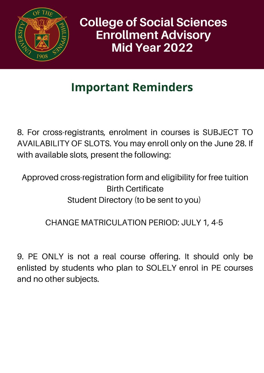 css_upbaguio's tweet photo. MIDYEAR ENROLMENT ADVISORY: Please see the following instructions to enrol during this term. 

ENROLMENT PERIOD: June 27 to 28
START OF CLASSES: July 1 https://t.co/OFhyfMaTvJ