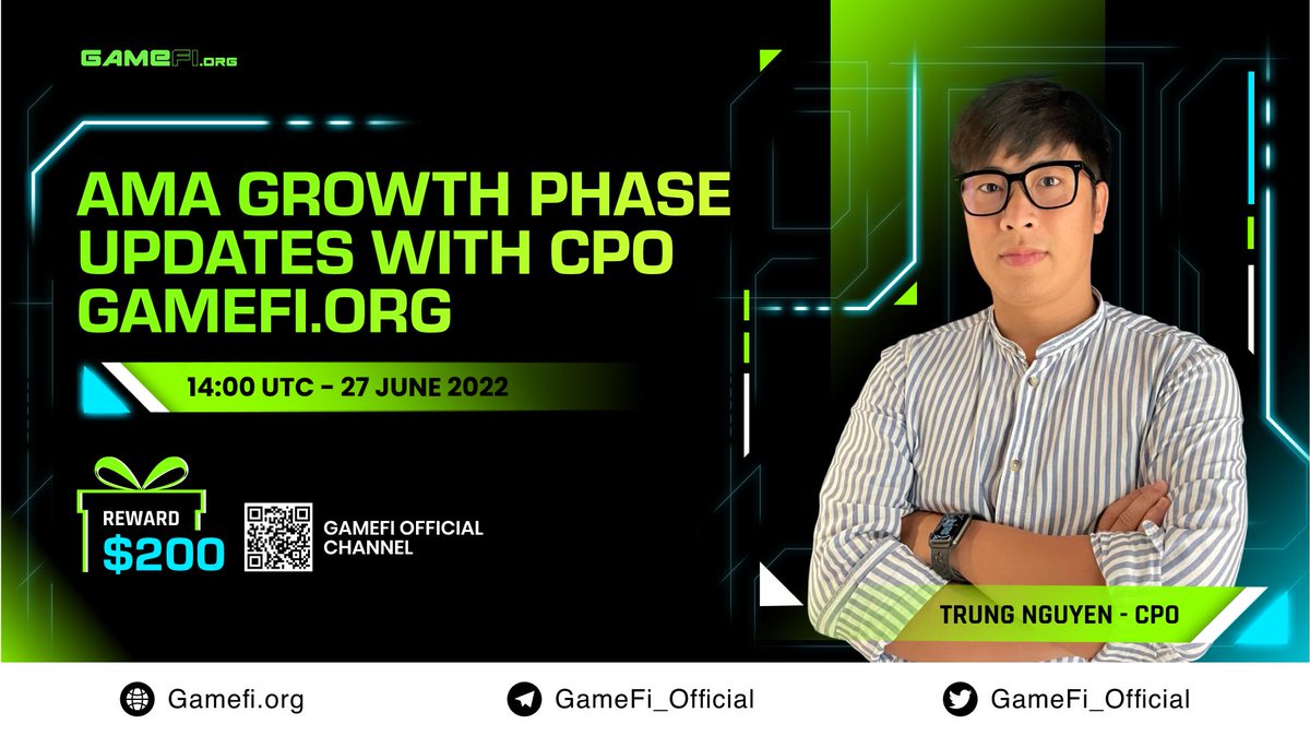 GameFi_Official's tweet photo. 📌Save the date, guys!! We present to you a special AMA with https://t.co/IYrBuYJr4Y CPO - Trung Nguyen🔥

⏰Time: 14:00 UTC, June 27
💶Reward: $200

Rules:
▫️Follow @GameFi_Official
▫️Like &amp; Retweet &amp; drop ONE question  
▫️Join https://t.co/VcoCPMt668

 $GAFI #GameFi_AMA https://t.co/bcrAh4S6Kx