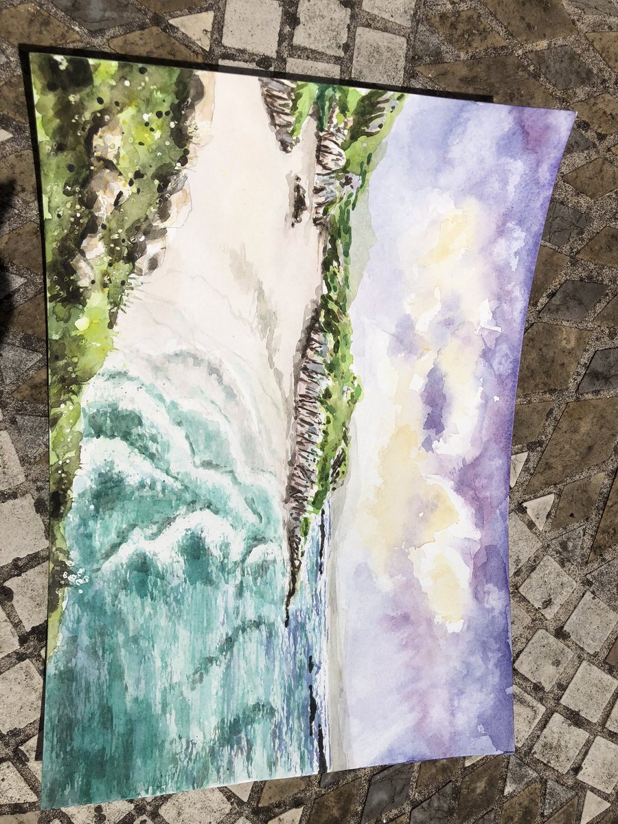 Personally I’d love to flop down in the sand under a purple sky and listen to the soft sea foam come rolling in… Until then at least we have a picture to dream to 💜 #watercolour #ukartist #landscape #art