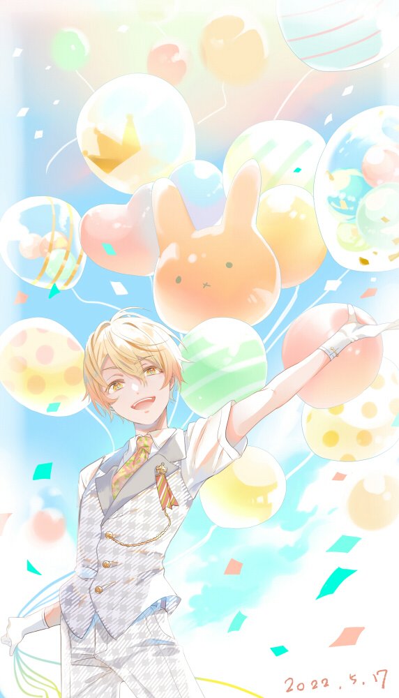 balloon 1boy male focus necktie yellow eyes smile blonde hair  illustration images