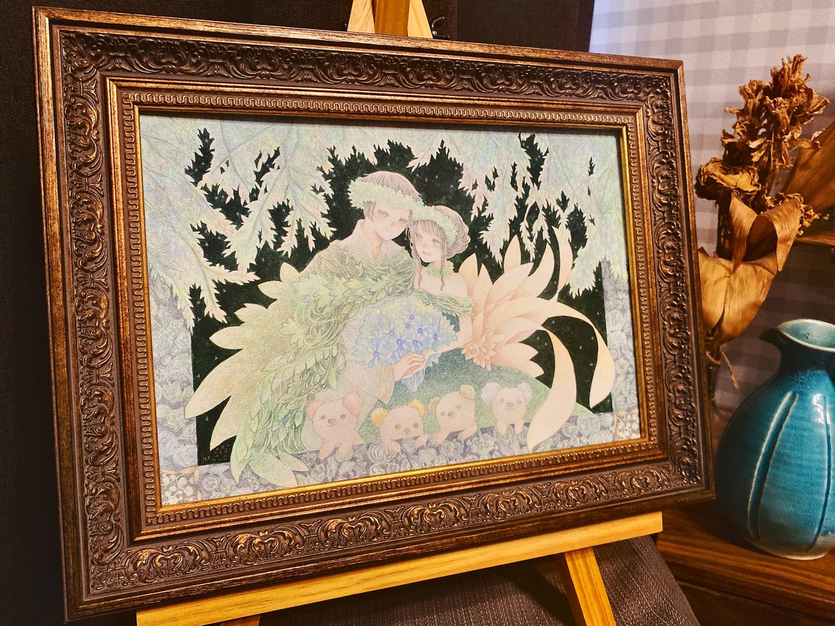 efca_thank's tweet photo. また、
のもりさん(@nmrknk )には以前結婚式の時の絵を描いていただいたのですが、とっても素敵な絵なのです！！

ご本人も素敵な方でした😭✨
緊張してお伝えしたかったことの半分も伝えられなかった🙈

大切に飾らせていただいています🤍 https://t.co/jVlGOoHsyW