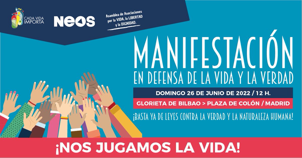 Hoy en Madrid defendemos la dignidad de toda persona y su derecho a la #vida. ¡No faltéis en la #manifestación  por la vida! Porque #CadaVidaImporta
<a href="/NEOS_esp/">Fundación NEOS</a> <a href="/FundLejeuneES/">Fundación Jérôme Lejeune España</a> <a href="/Es_Provida/">Provida España</a> <a href="/oneofuseu/">ONE OF US</a> <a href="/cadavidaimporta/">Cada Vida Importa</a>