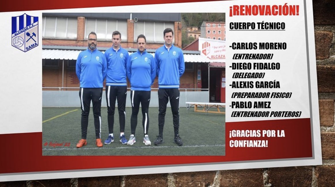 AlcazarCF's tweet photo. ¡RENOVACIONES EN NUESTRO JUVENIL A! 🔴🔵

El cuerpo técnico al completo de la pasada temporada repetirá un año más al frente del Liga Nacional. 

🔁 Carlos Moreno
🔁 Diego Fidalgo
🔁 Alexis García
🔁 Pablo Amez

🆕 Además, se suma a ellos David Gómez como segundo entrenador. https://t.co/oyOKpqs2vu