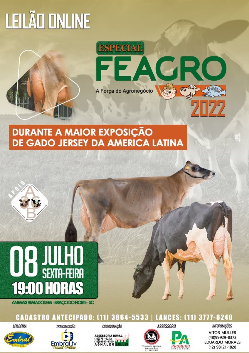 embralleiloes's tweet photo. 📣Leilão Online Especial FEAGRO - Durante a maior Exposição de Gado JERSEY da América Latina
🎥Animais filmados em Braço do Norte/SC
🗓08/07/2022 às 19h
☎Inf(11)3864-5533
☎ Lances(11)3777-8240
📱Whats(11)97355-5533
#embralleiloes #embral #embraltv #leilaoéaqui https://t.co/emvJdfZbH5