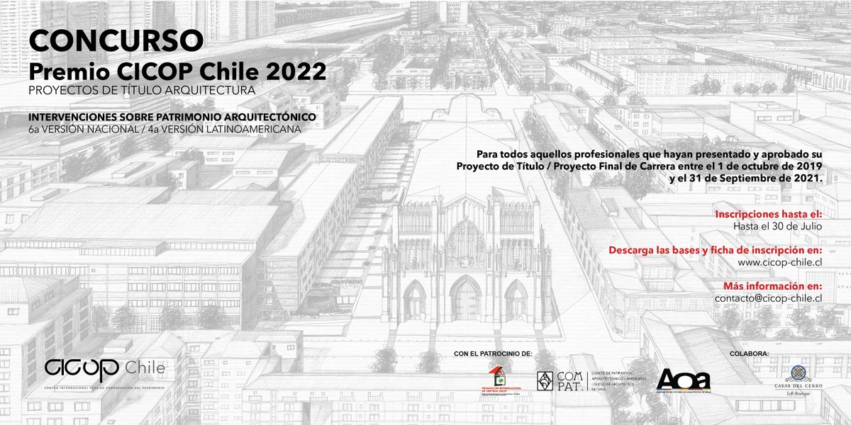 📌 Ya puedes participar del Concurso «Premio CICOP Chile 2022».

⏱️ Inscripción: Hasta el 30 de julio |  Entrega de proyectos: Hasta el 31 de agosto, a las 12:00 horas.

colegioarquitectos.com/noticias/?p=28…