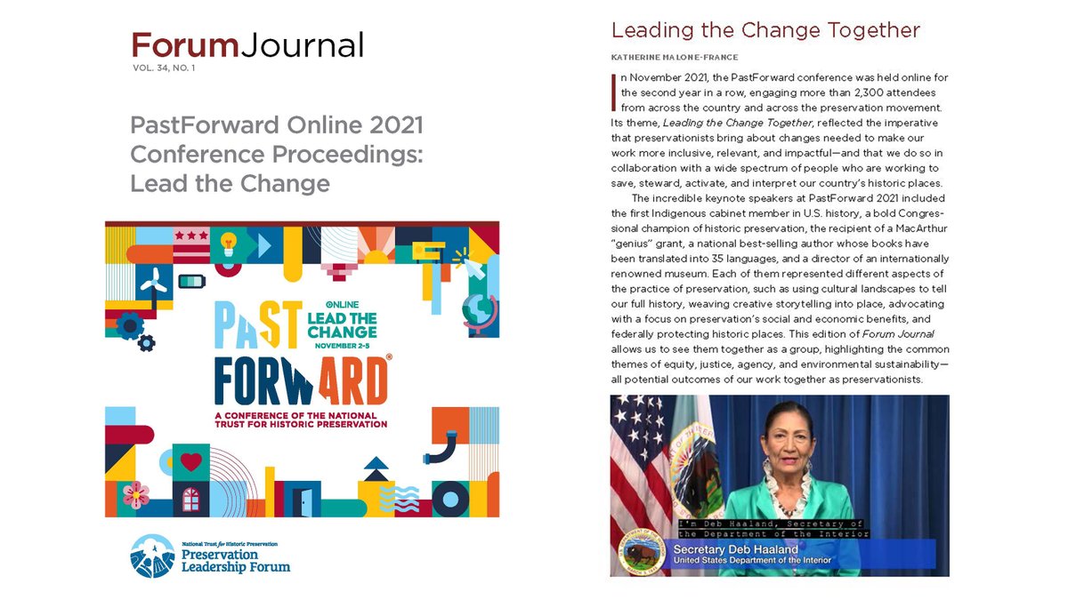 SavingPlaces's tweet photo. The latest issue of Forum Journal records the proceedings from #PastForward21 .
The theme for the 2021 conference was Lead the Change , which shares a name with the National Impact Agenda for the preservation movement.
https://t.co/db0mlZtinc
#SavingPlaces https://t.co/H6eYCAsZy3