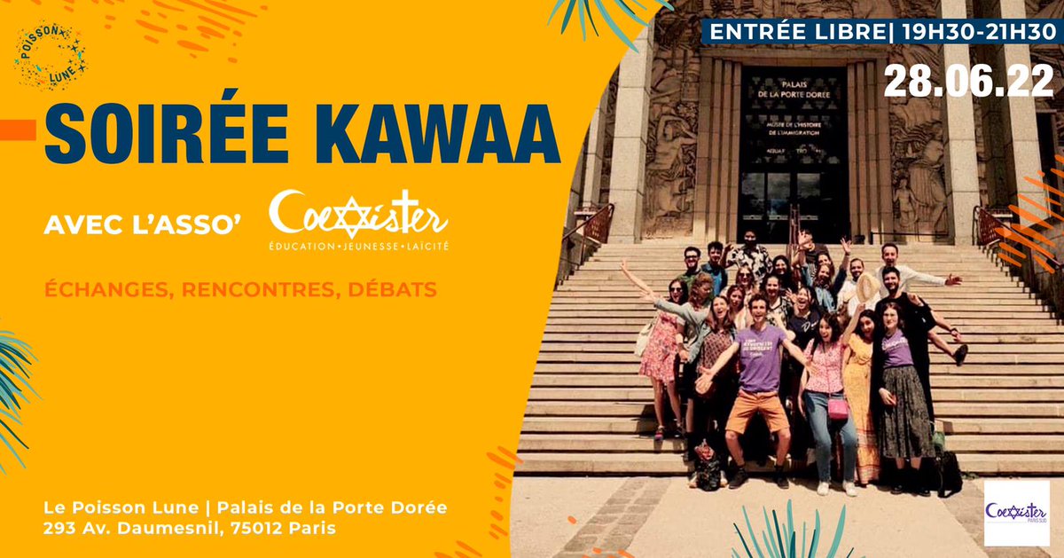 Mardi, soirée de rencontre et débats sur la terrasse ensoleillée du @PPDoree, face au bois de Vincennes, au bar “Poisson Lune”. Venez célébrer l'été et prendre un verre avec les jeunes de #Coexister ! ☀️