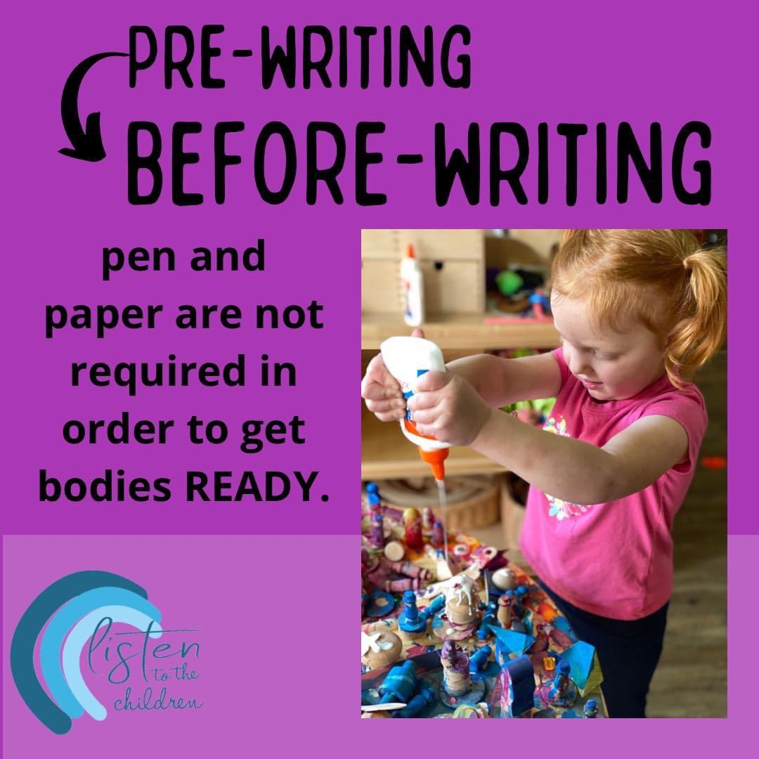 CE PARENT CONNECTIONS: Preparing children to write does not require pen and paper. Engage their core and move, move, move. Climbing up the slide, standing on the swing, reaching, leaning, balancing, squeezing, pressing...ALL of these prepare bodies for writing