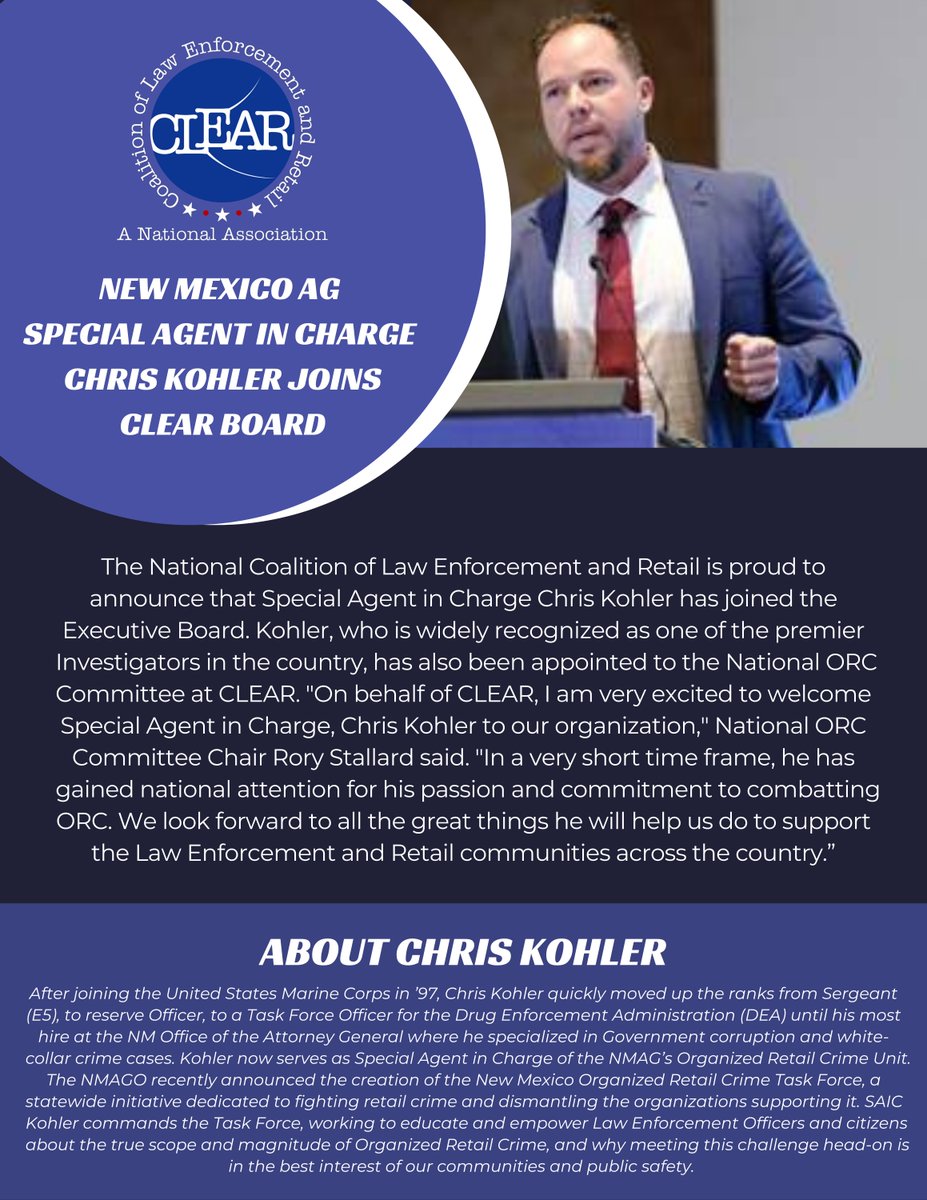 The National Coalition of Law Enforcement and Retail is proud to announce that Special Agent in Charge Chris Kohler has joined the Executive Board. 

#retail #lawenforcement