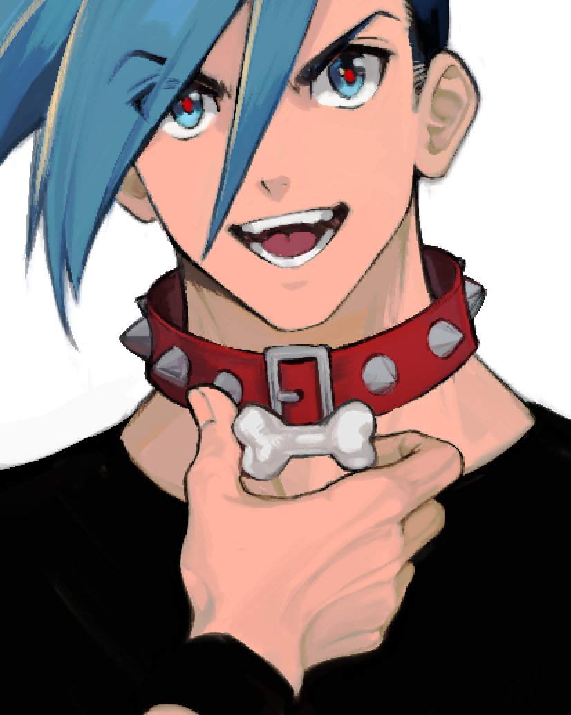 galo thymos 1boy male focus blue hair solo collar blue eyes spiked hair  illustration images