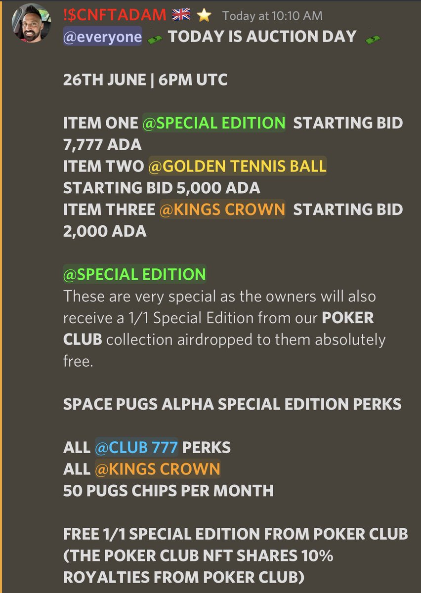 spacepugs_'s tweet photo. Stop In The Discord Today For…
Space Pug Auctions 🎉

Wonderful prizes up for grabs today, rules are posted in the discord. 

These 1/1 are something to be had! Currently 1M ADA floor 🔥

https://t.co/3YqYUHgU6M
#CNFT #CNFTCommunity #Auction https://t.co/DnDIVEOgvW