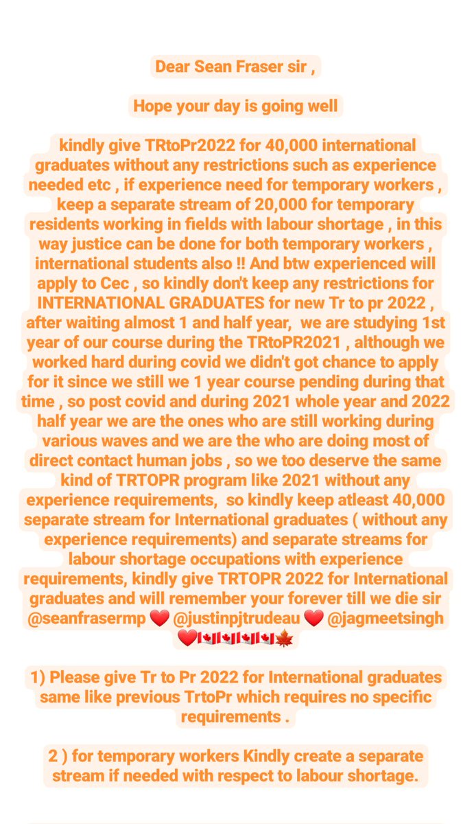 TRtoPR2023's tweet photo. Kindly give new Tr to Pr2022 for International graduates without any"work experience requirements", keep another separate temporary workers stream if you want to keep work experience requirements @SeanFraserMP @JustinTrudeau @pathway4intstu @iStudentCanada @MWACCanada 🇨🇦🍁 https://t.co/hLllp6DT4r