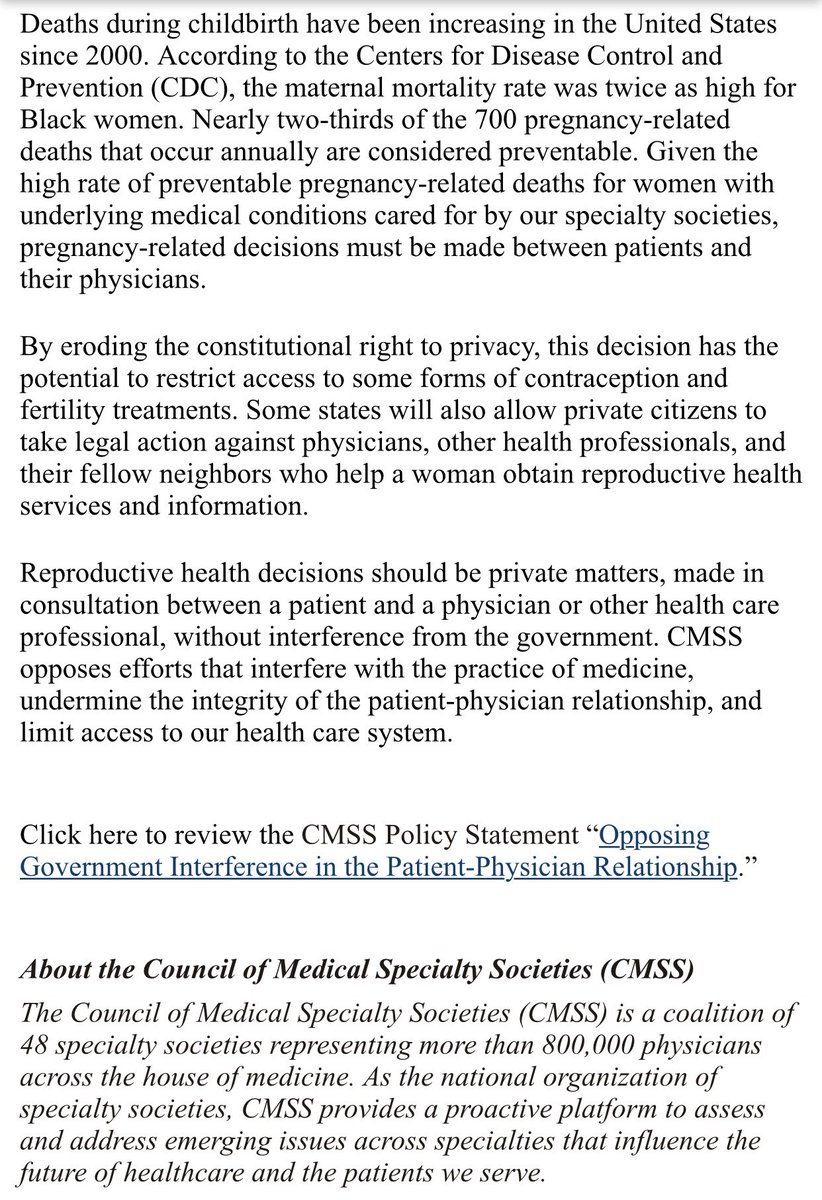 .@ACPinternists Statement from @CMSSmed [48 med societies (including ACP) representing >800K physician members] re: #SCOTUS decision Re: #RoeVWade opposes govt. interference in practice of medicine. Protect #PatientAutonomy #PatientPrivacy #PatientPhysicianRelationship #IMProud