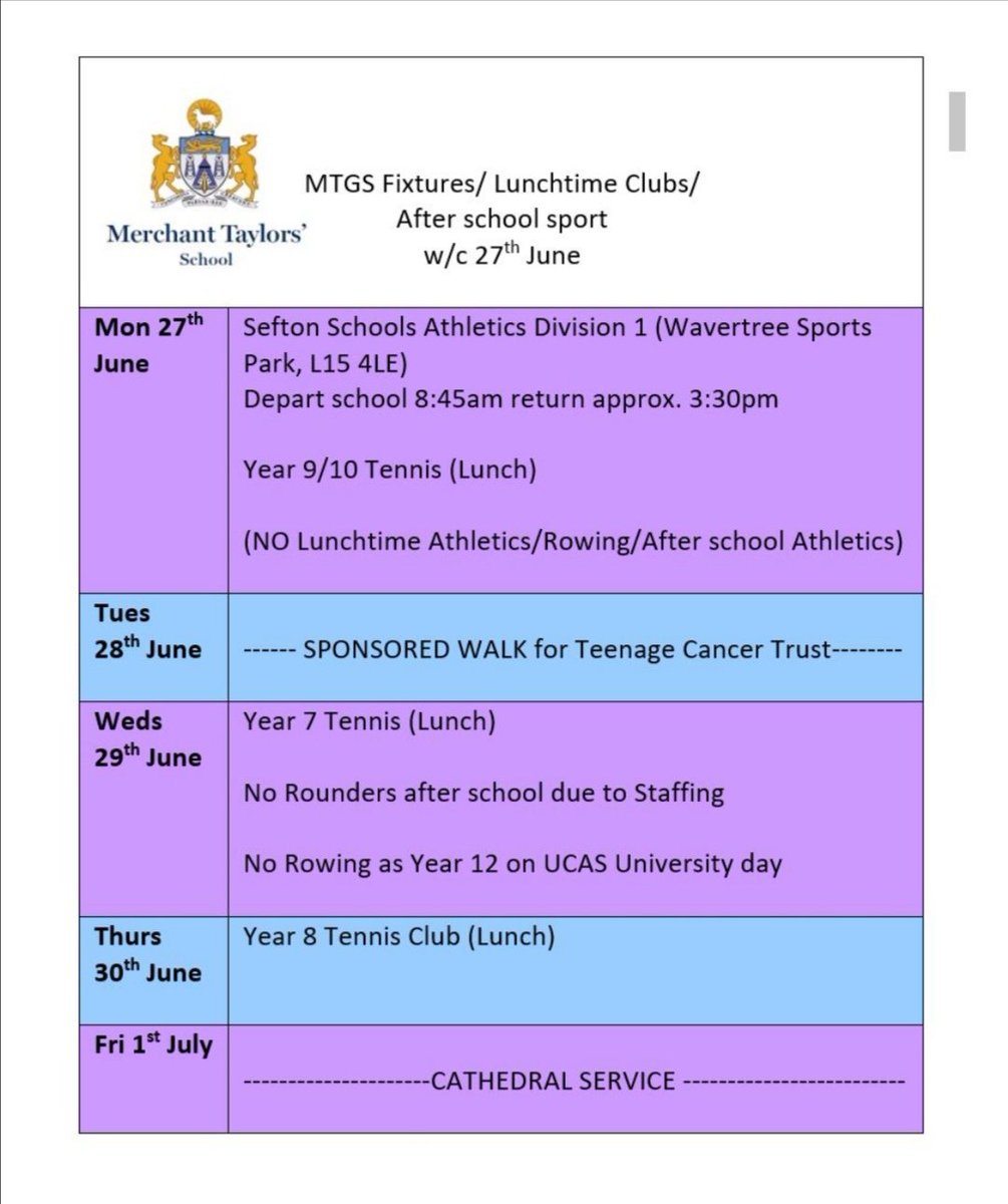 MtgsPe's tweet photo. MTGS Sport w/c 27th June-

📍Sefton Schools Athletics:If bad weather cancellation will be by 8:30am- will revert to normal school day https://t.co/AYsaHe0LHG