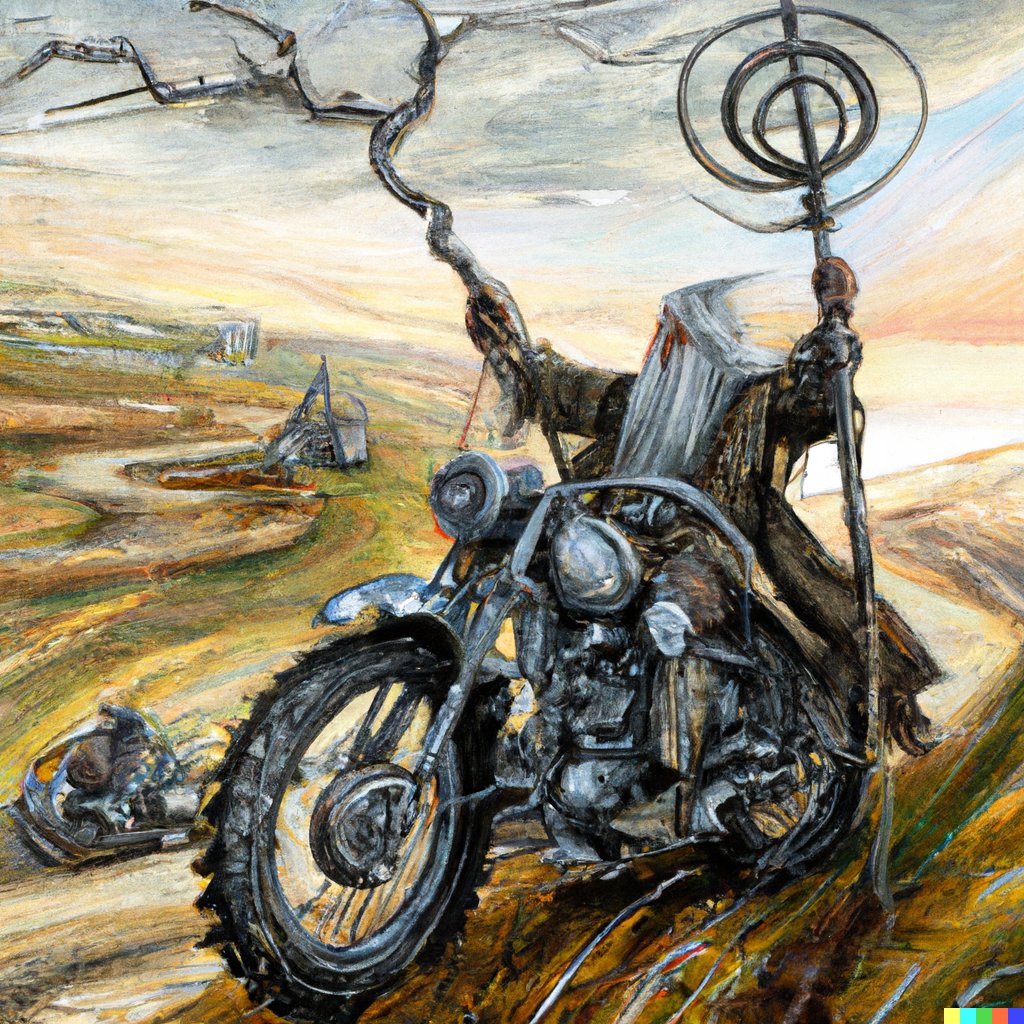 Photonwind's tweet image. some surreal Tolkien inspired art in the style of Alan Lee by DALL-E 
&quot;Gandalf driving a big chrome motorcycle across the pelennor fields, staff raised high, Detailed, Award Winning Art, by Alan Lee&quot;
#ai #dalle #dalle2 #openai #aiart  #tolkien #gandalf #alanlee #tolkienart  #lotr