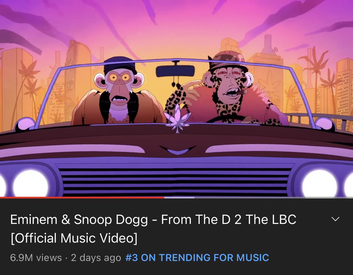 Trendsetter_io's tweet photo. Trending #3 on YouTube, @Eminem x @SnoopDogg @BoredApeYC music video has racked up 6.9 million views in 2 days.

#Eminem #BAYC #NFT #Ethereum #Pride2022 https://t.co/6AywlCj5A8