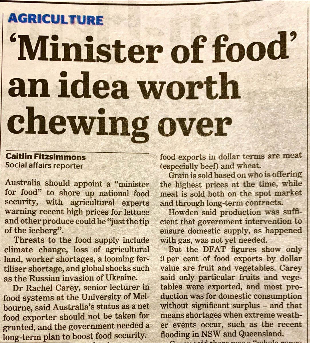 The @smh still has the capacity to (pleasantly) surprise. Great comments by @DrRachelCarey on our export-driven food supply, and why Australia can’t take food security for granted.